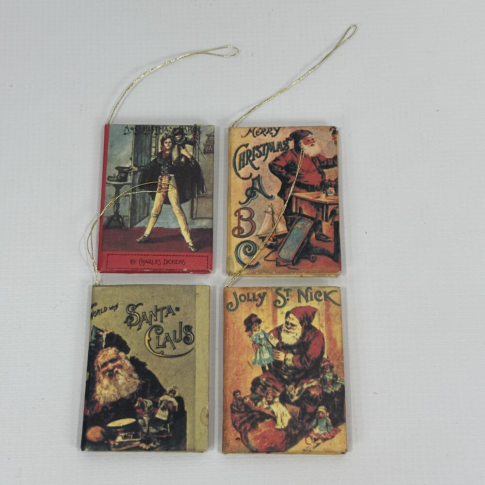 Mini Book Santa Christmas Ornaments Set Of 4 Unmarked Multicolor Baubles